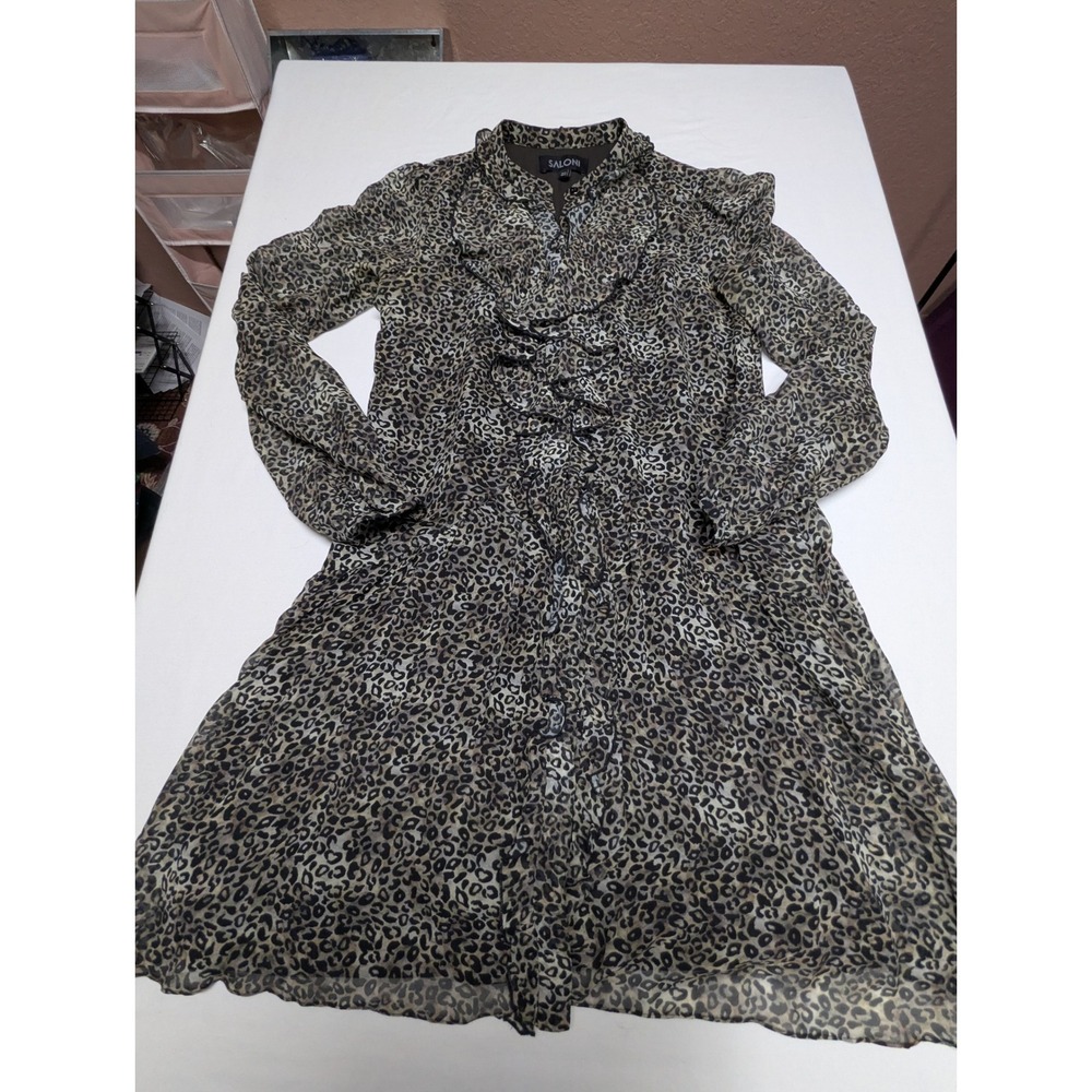 Saloni Silk Leopard Print Ruffle Front Mini Dress Brown Tan Animal Print US 2